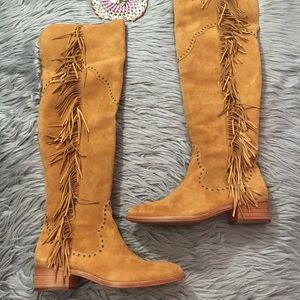 FRYE RAY FRINGE CAMEL TAN OVER THE KNEE LEATHER